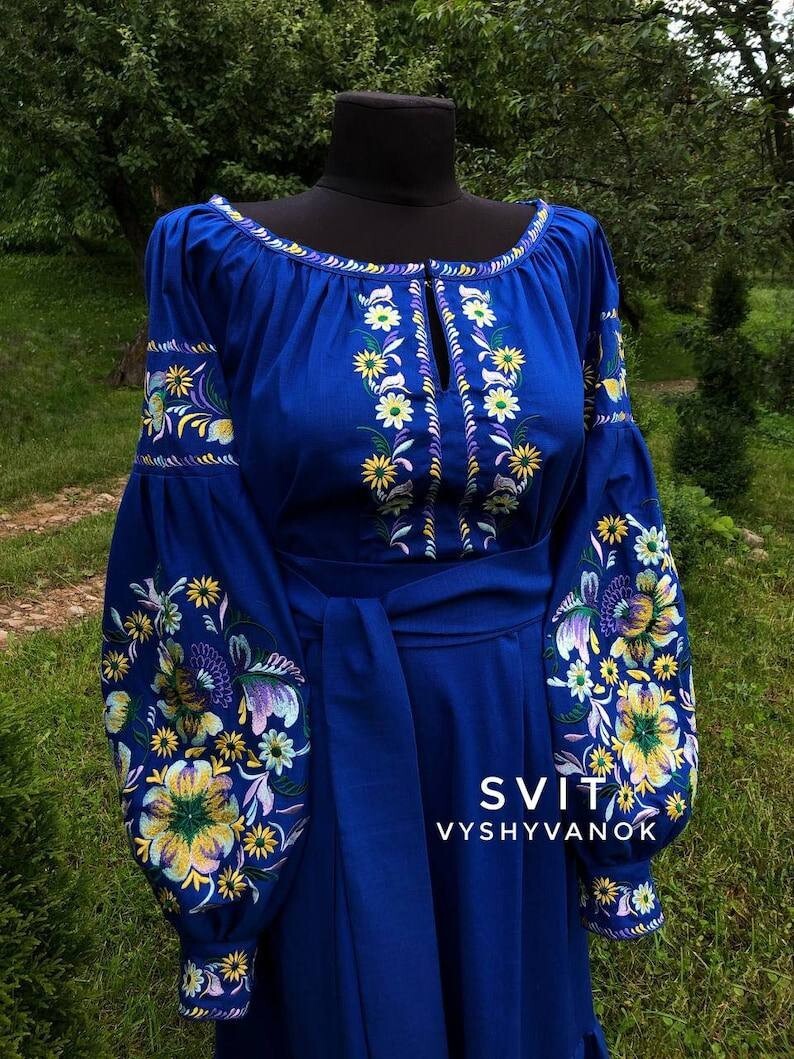 Embroidered Maxi Dress – Ukrainian Vyshyvanka, Bohemian Linen Caftan Custom Clot