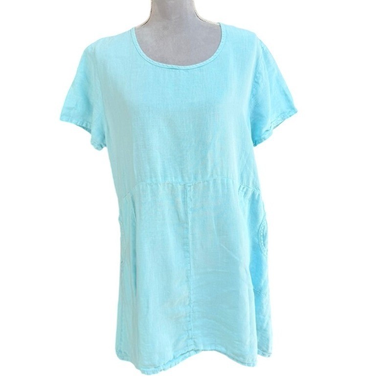Fenini Tunic Dress Womens L Aqua Blue Linen Short Sleeve Empire Waist Lagenlook