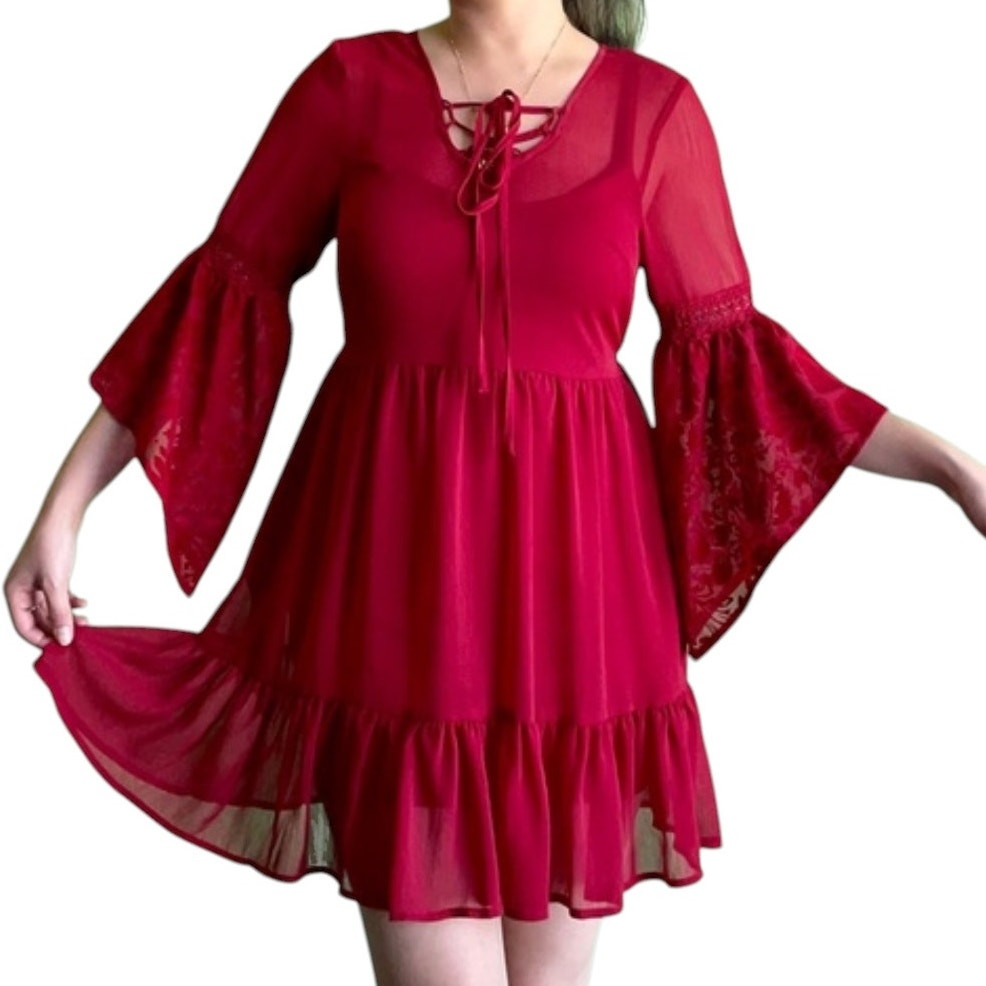 Band of Gypsies Sheer Overlay Red Baby Doll Flounce Mini Dress Size Small