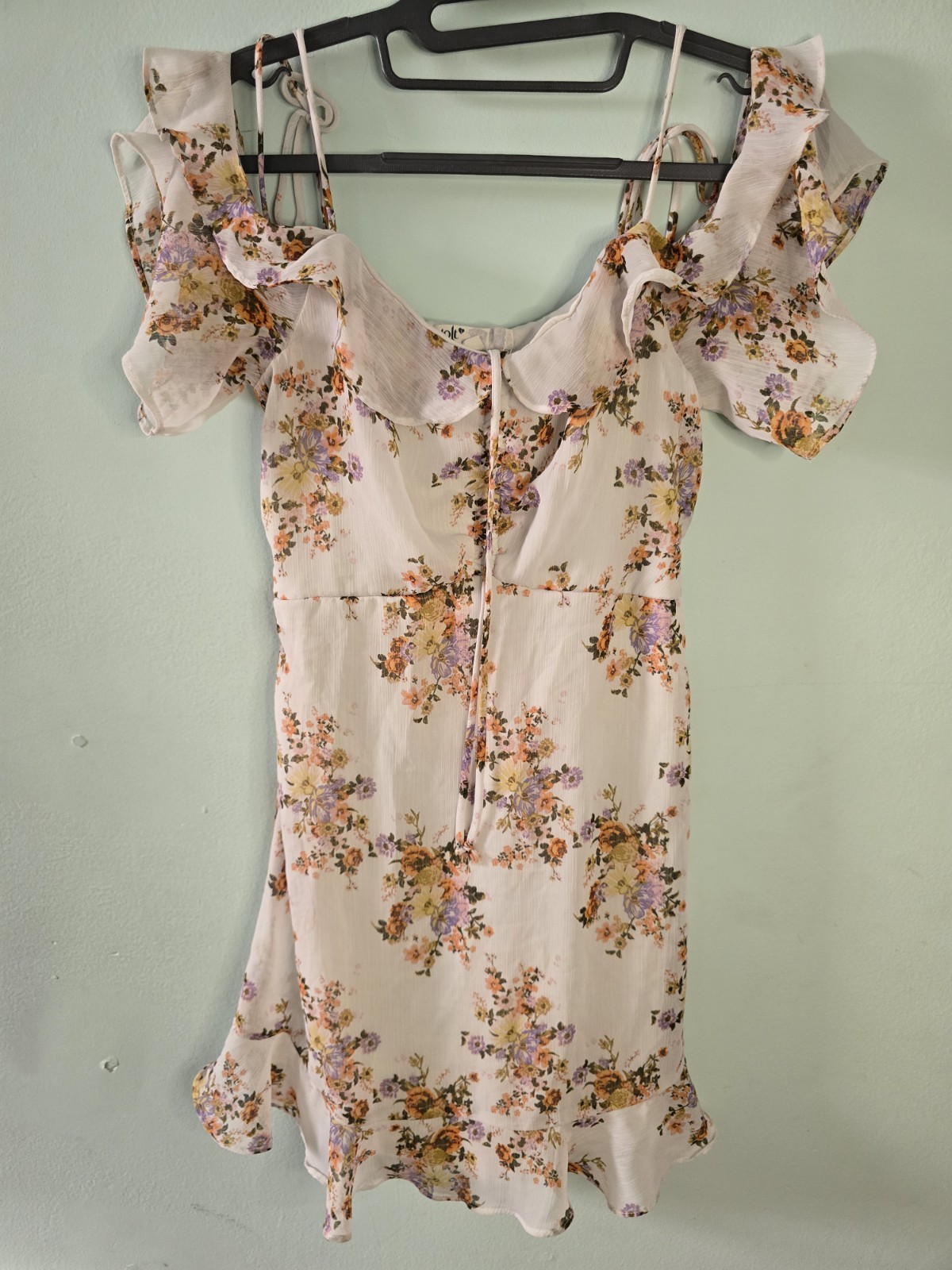 Jolt Cream Floral Ruffle Cold Shoulder Mini Dress,chic,boho,beachy,lined Size S