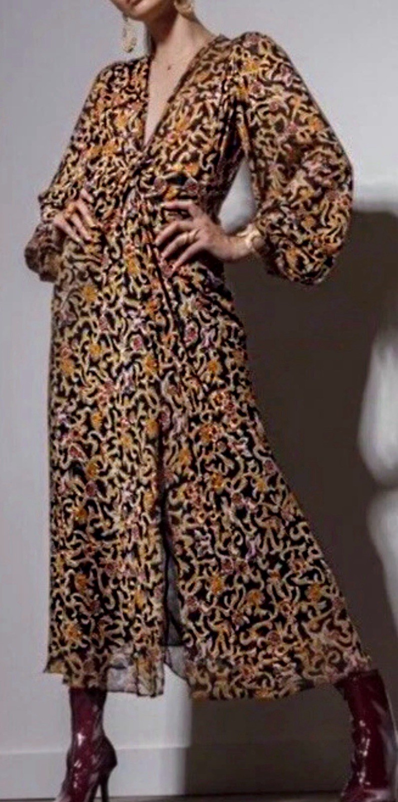ZARA Bloggers Favorite Deep V Neck Paisley Floral Chiffon Maxi Dress Ruched XS