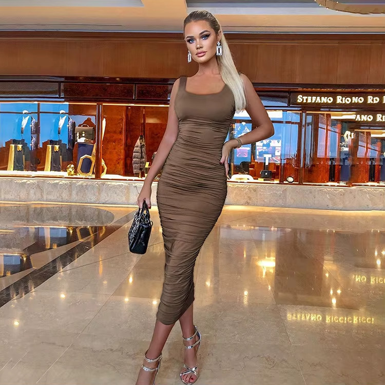 Women’s Ruched Sleeveless Tank Midi Bodycon Dress Brown