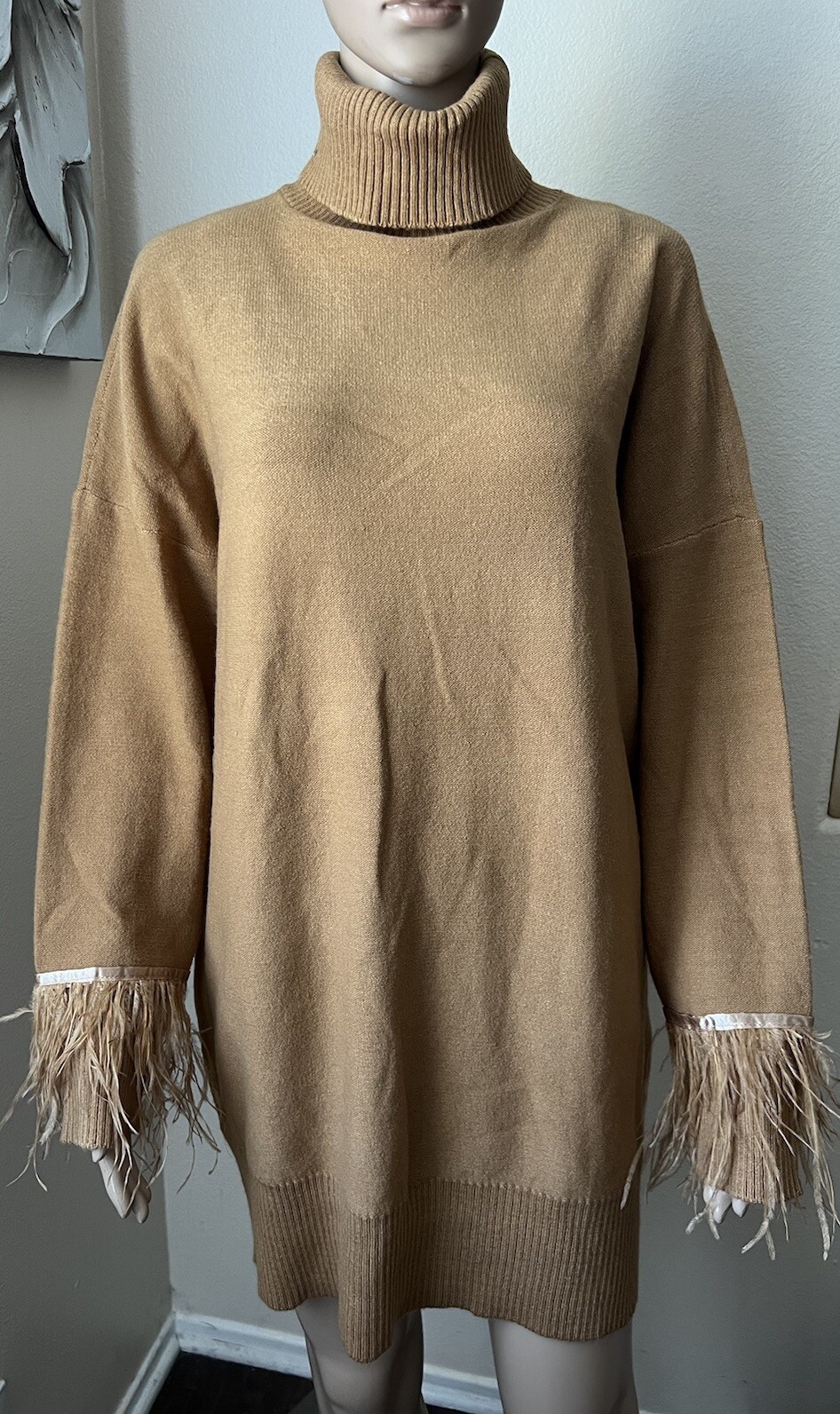 WAYF x Jourdan Sloane SOPHIE Feather Cuff Sweater Turtleneck Dress Knit sz S