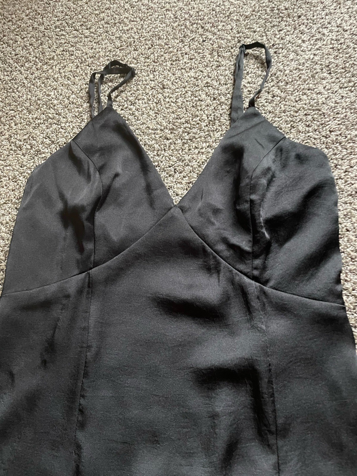 Lulus Maxi Satin Slip Dress S Black Spaghetti Straps Lined Side Thigh High Slit