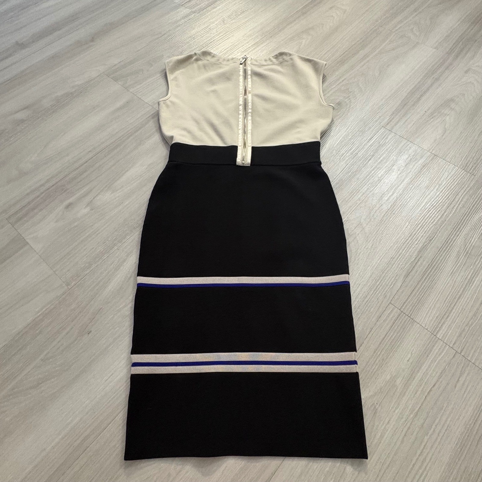 Karen Millen Dress Women Colorblock Geometric Grid Sheath Black Cream Blue Siz 3
