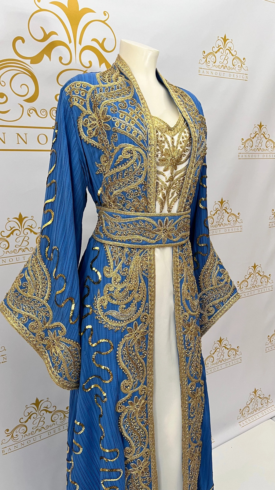 Kaftan Caftan Abaya Dress Golden Embroidery & Beads Paisley Design Long Sleeve