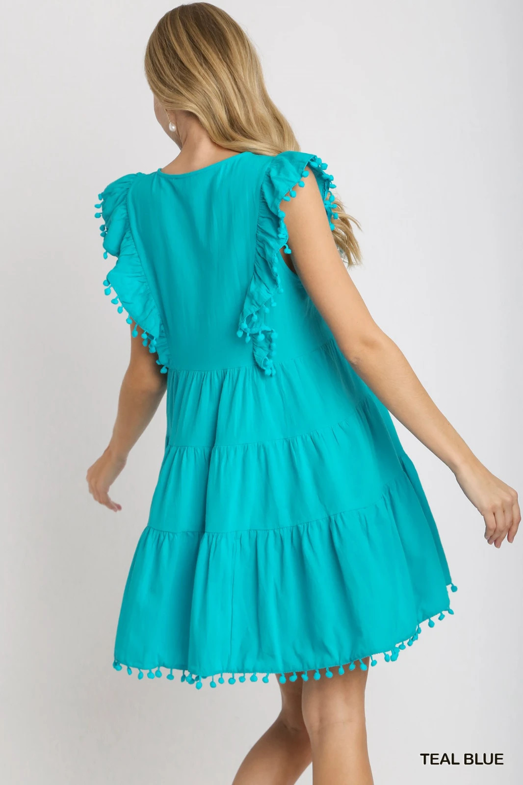 Umgee Turquoise V-Neck Embroidery Short Tiered Dress w/ Flutter Sleeves Pom Poms