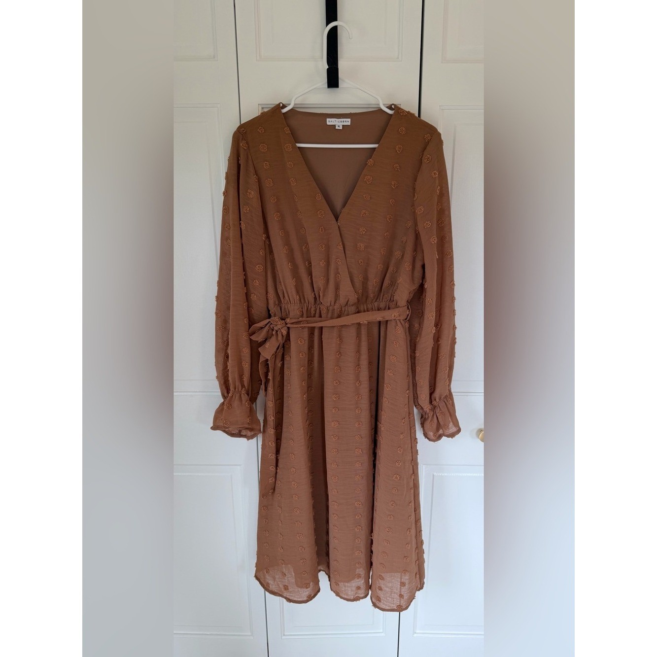 Baltic Born XL Swiss Dot Wrap Dress Brown Long Sleeve Tie Waist Midi