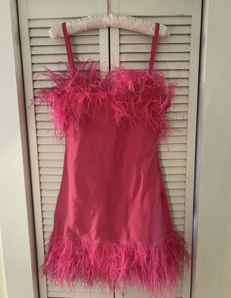 STAUD Etta Pink Feather Plumage Cocktail Dress Size Large