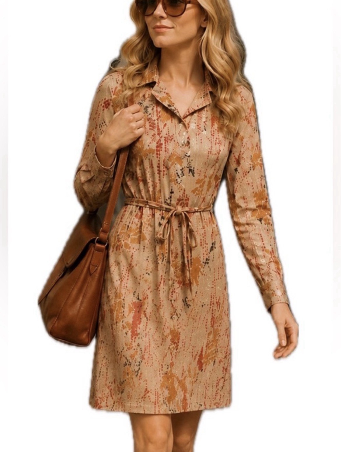 Women’s S/M Beige Abstract Shirt Dress Collared Long Sleeve Button Belted