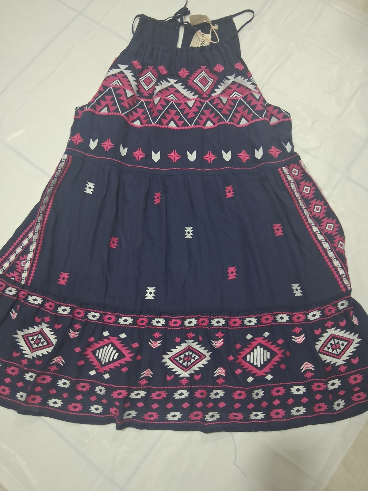 Women’s 2X Embroidered Navy Pink White Aztec Boho Sundress Knee