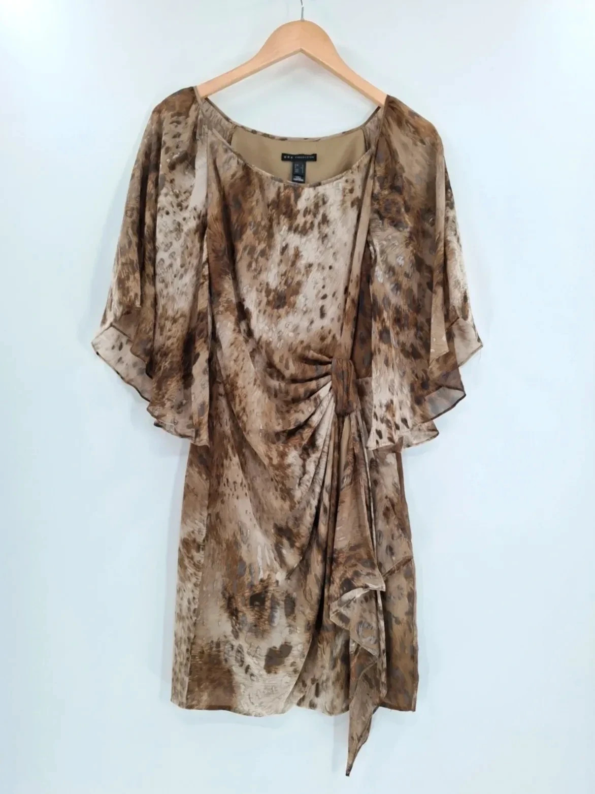 Mango Brown Animal Print Silk Angel Sleeve Drape Dress Party event Size small