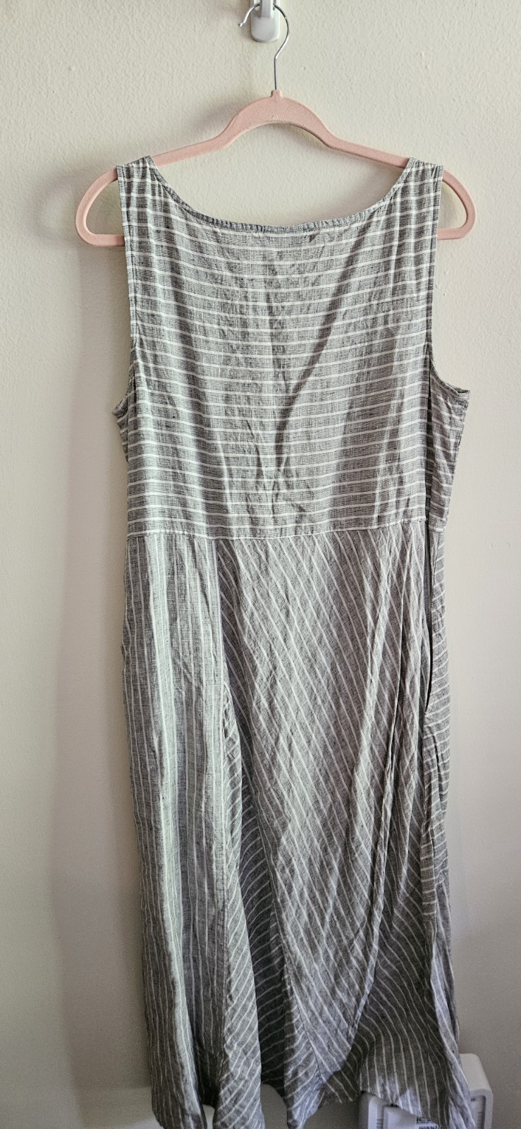J. Jill Gray White Striped Linen Shift Dress L V-Neck Sleeveless Midi Button