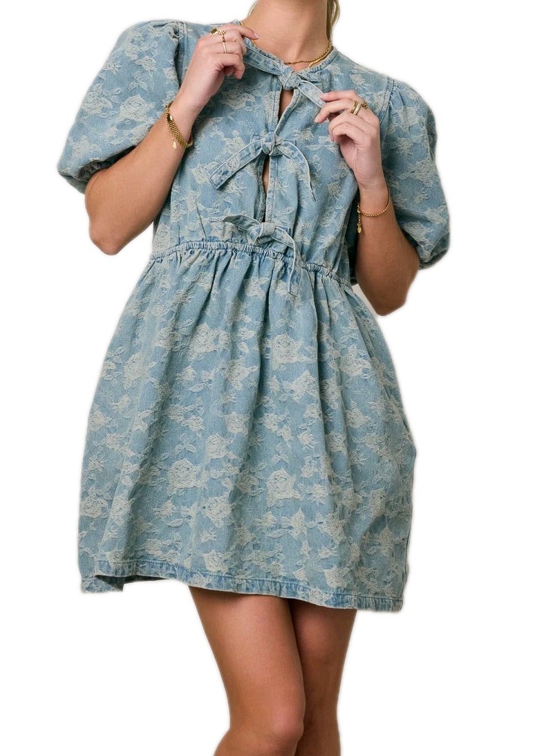Bow Floral Jacquard Denim Mini Dress, Size Small, New