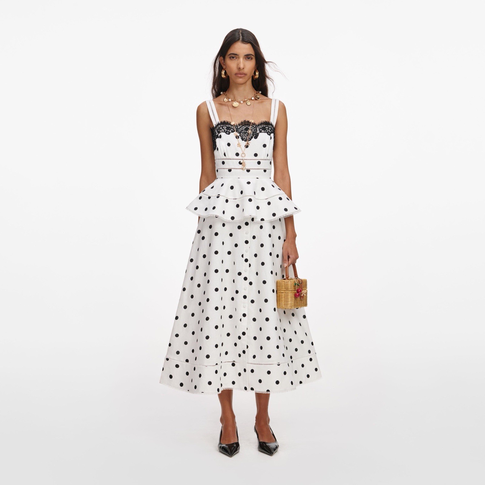 Self Portrait WHITE POLKA DOT LINEN MIDI DRESS