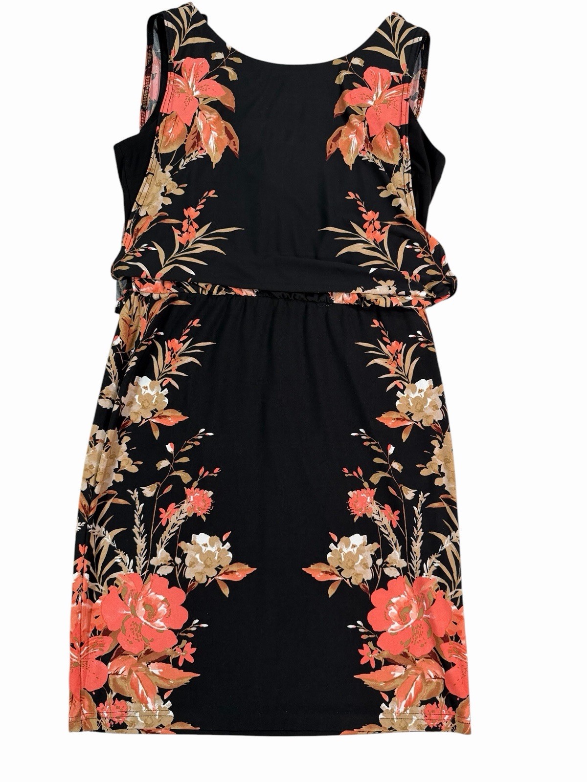 R&M Richards Shift Knee Dress Sleeveless Round Neck Floral Black Orange 8