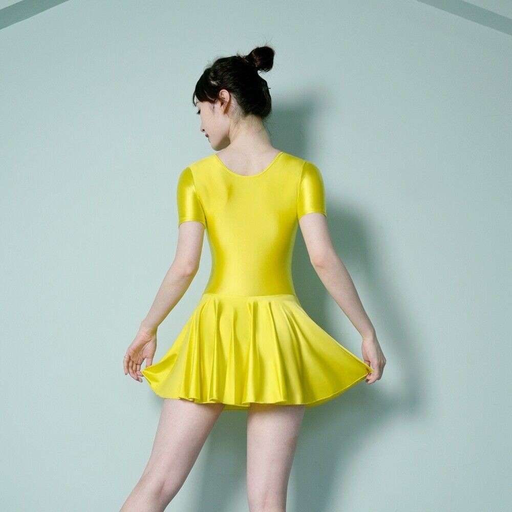 Women’s Glossy Smooth Tights Umbrella Dresses Short Sleeve Fitness Ballet Skirts