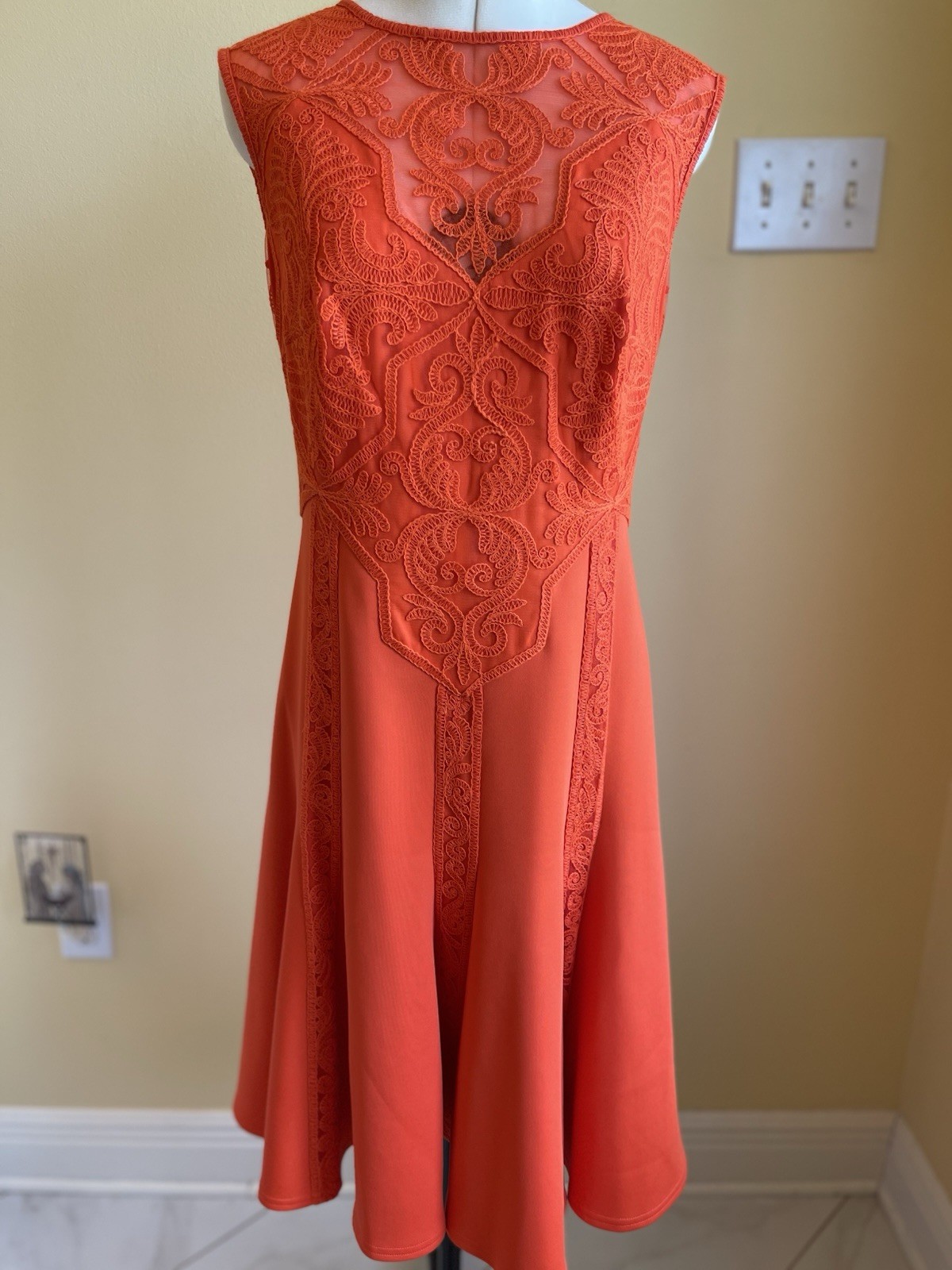 Tadashi Shoji Orange Mesh Lace Embroidered Sleeveless A-Line Midi Dress Sz 6