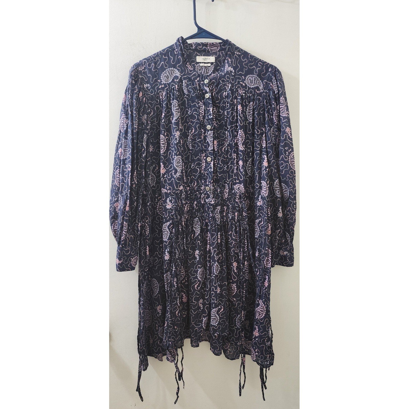 Isabel Marant Etoile Anaco Paisley Cotton Smocked Mini Dress Navy Pink Size 34