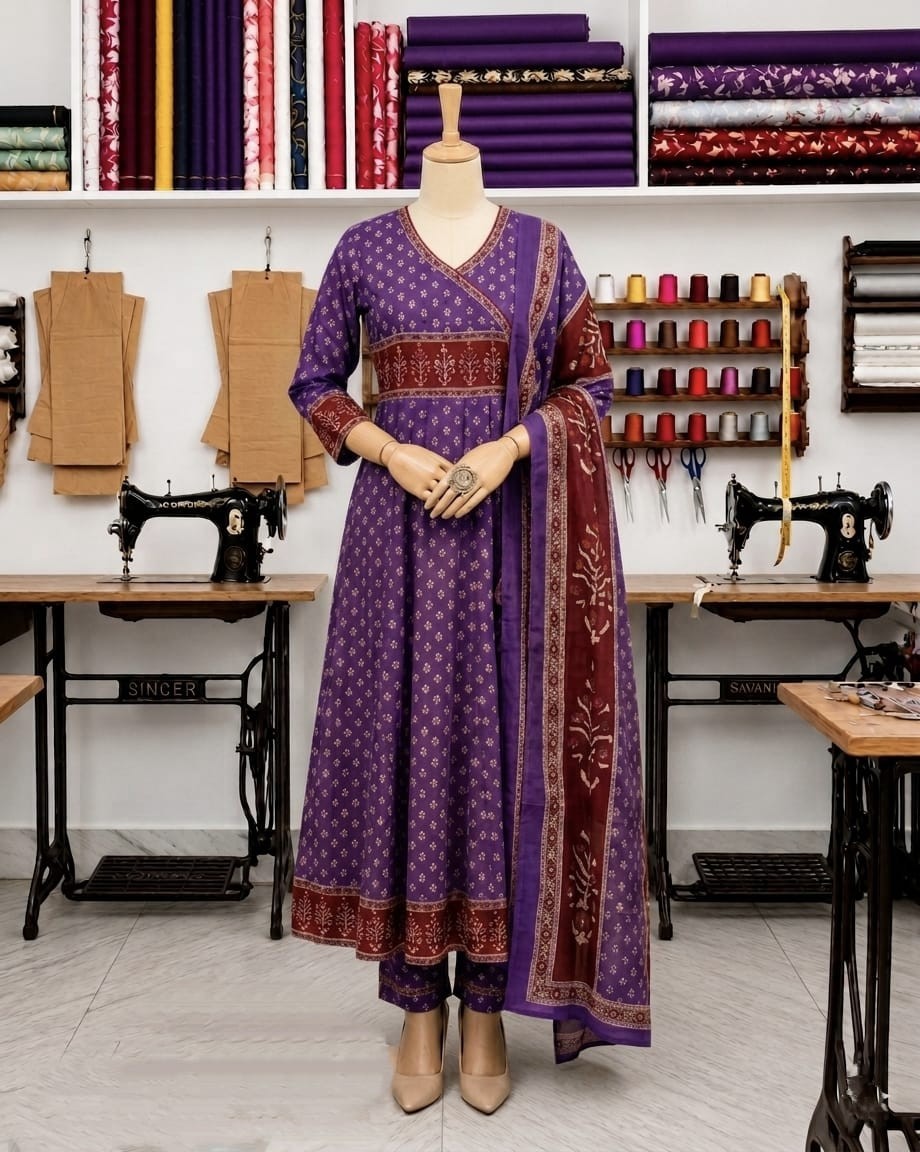 Purple Anarkali cotton Kurta with Pant and Dupatta, long gown dress, ethnic wear