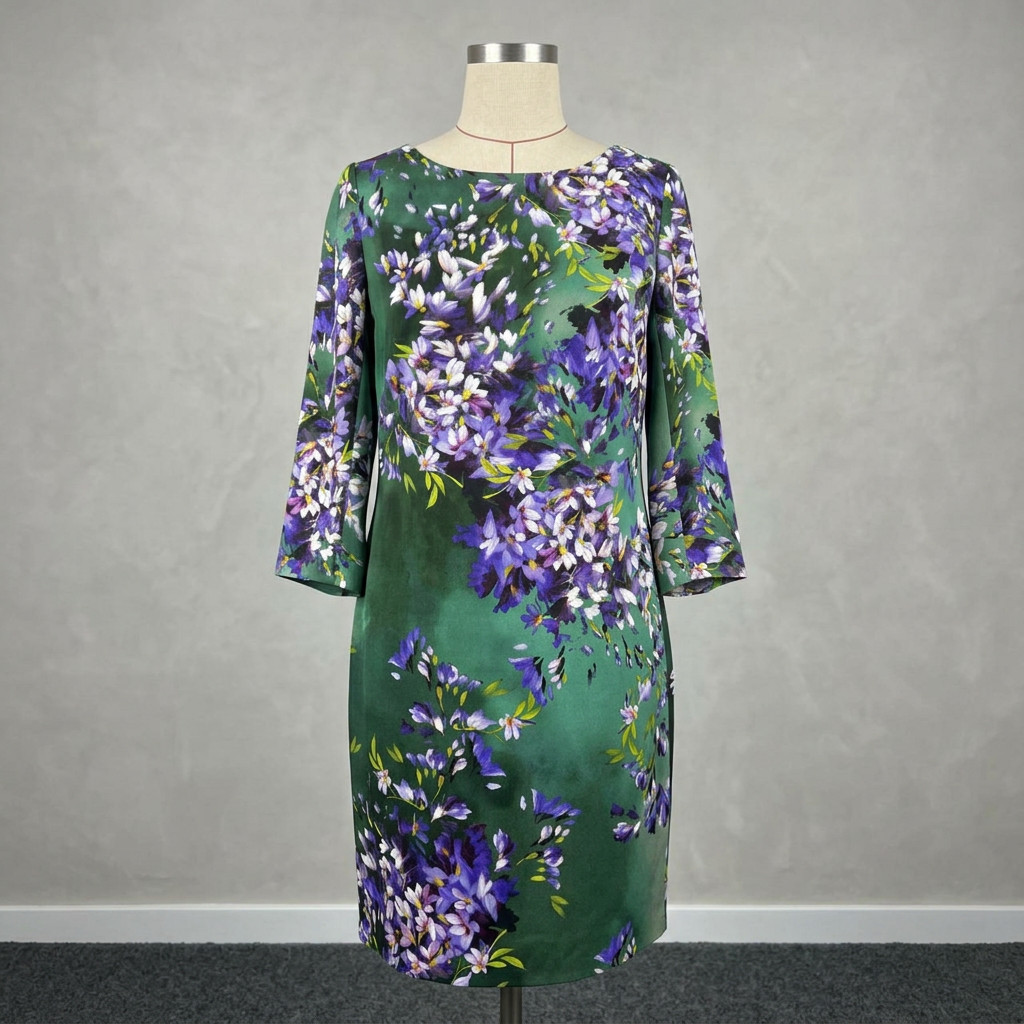 Escada Women’s Dress Size 36 Floral Green Purple 100% Viscose Silk Cupro Lining