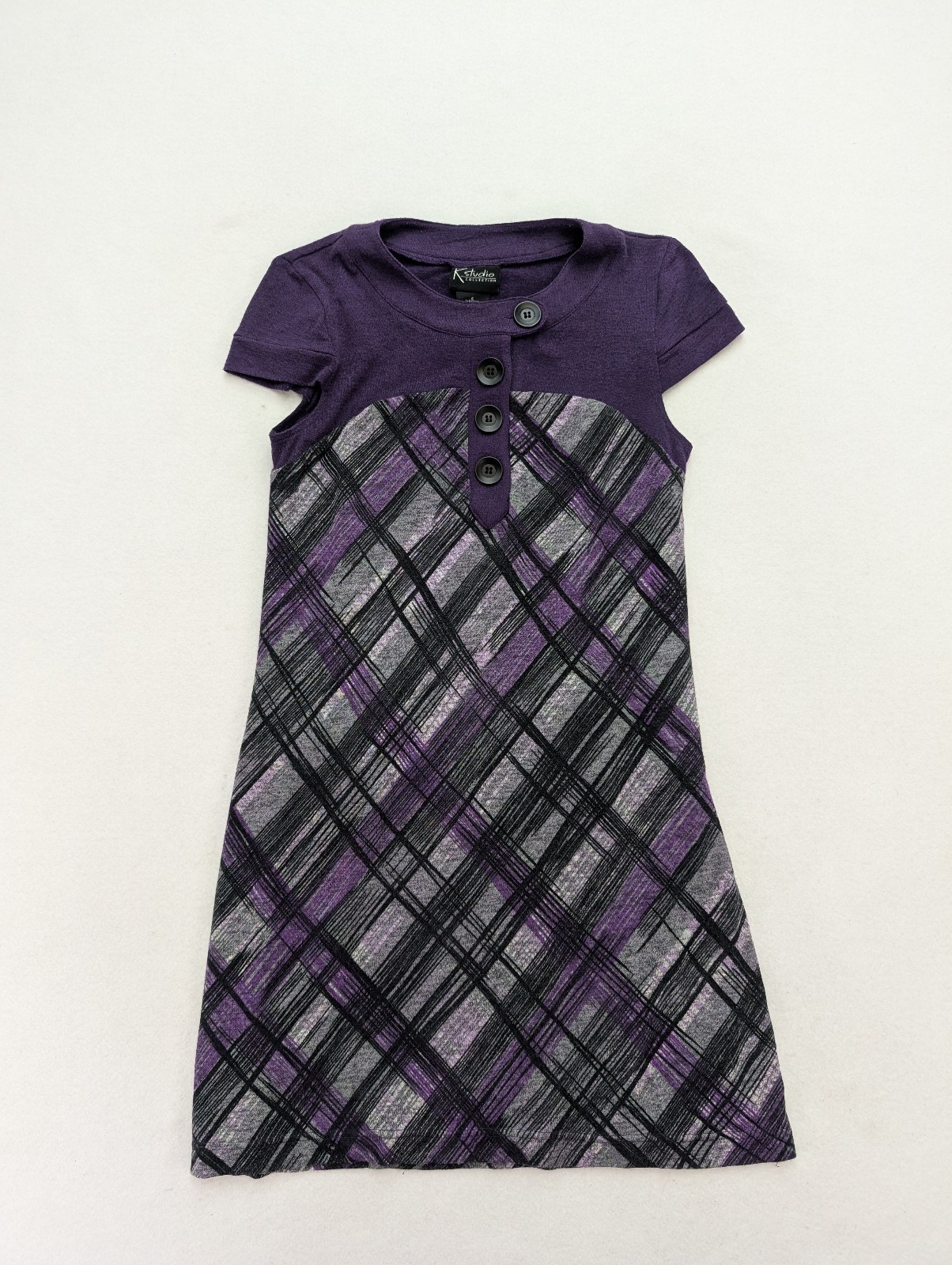 K Studio Collection Women’s Sweater Dress Size 6 Purple Plaid Stretch Knit
