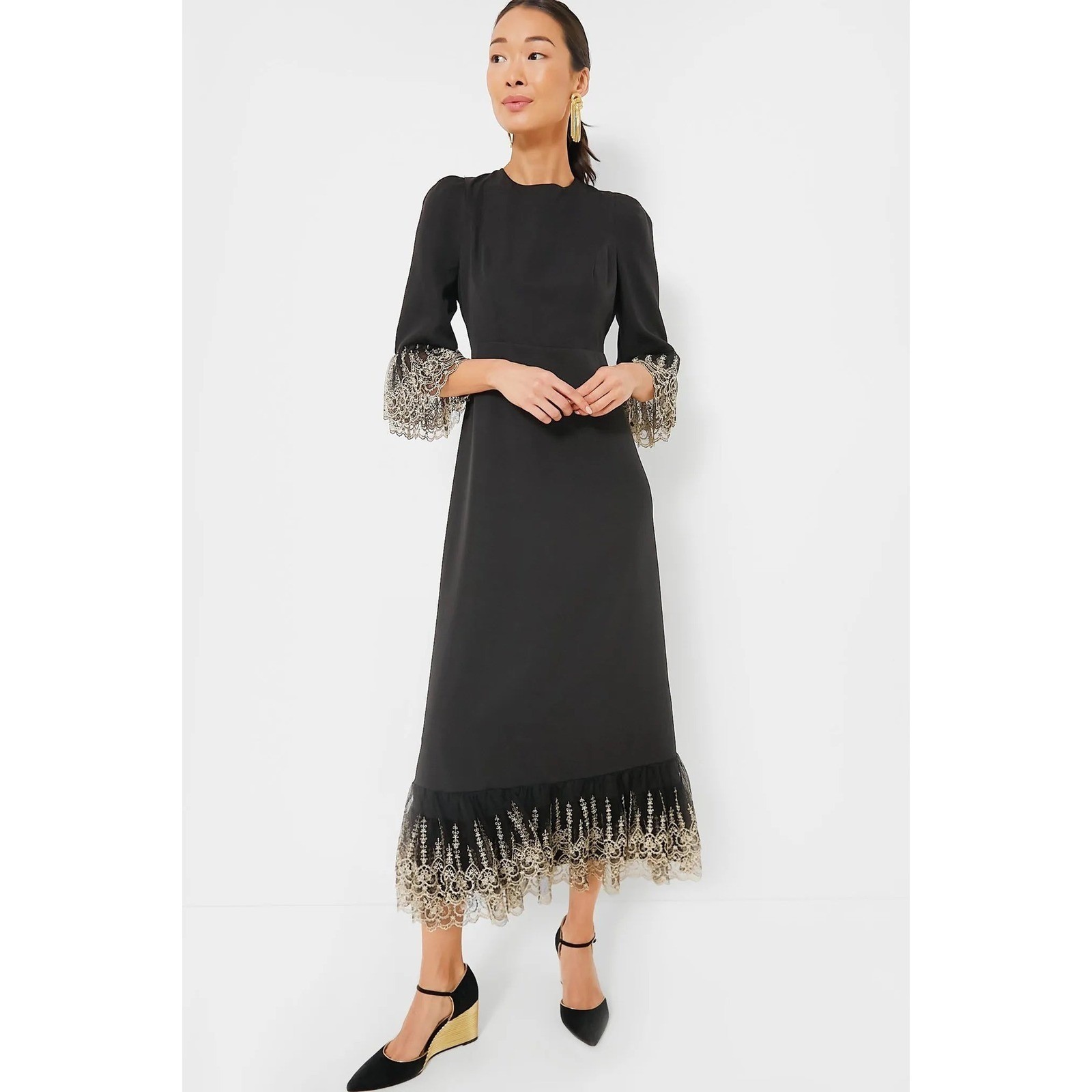 Tuckernuck Pomander Place Lillith Gold Embroidered Maxi Dress Bell Sleeve NWT 3X