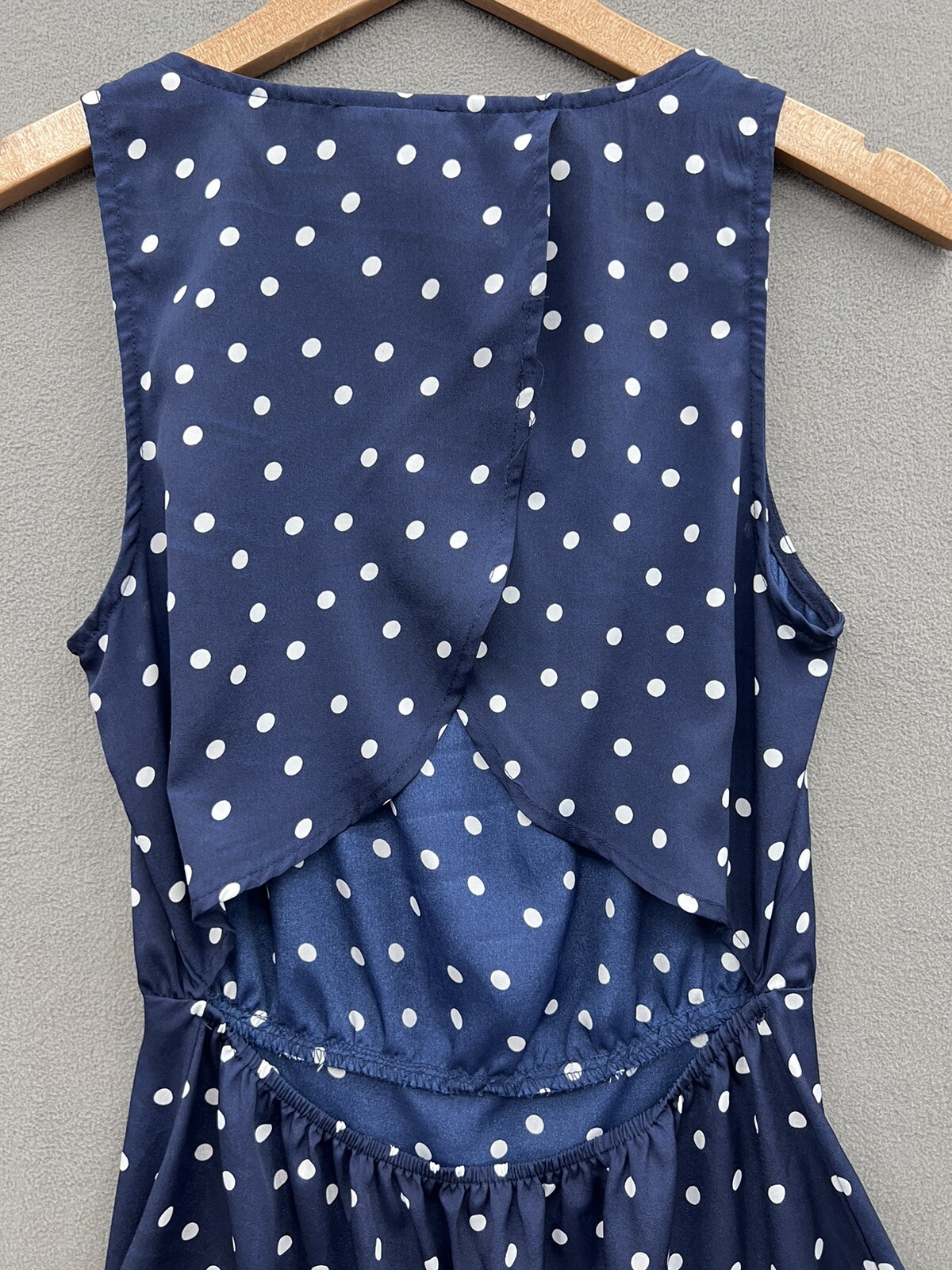 Mimi Chica Women’s Small Unlined Navy Blue White Polka Dot Mini Dress Open Back