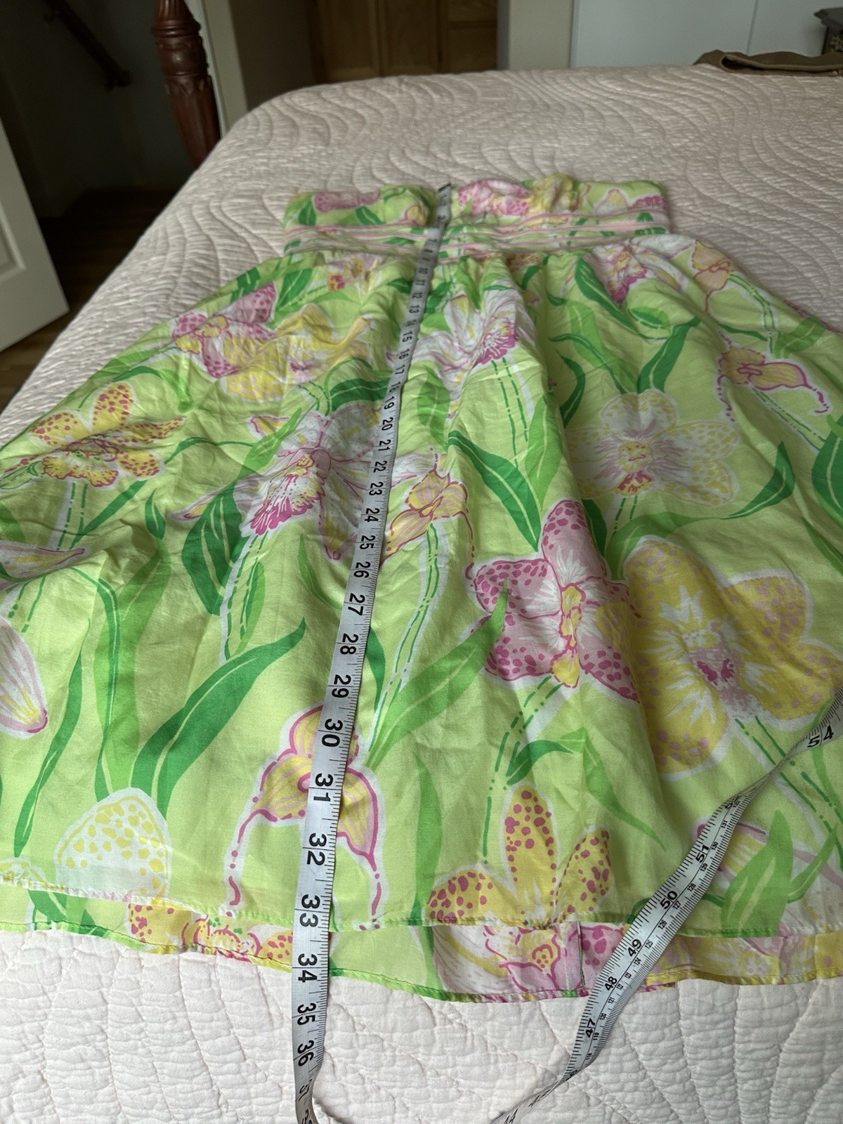 Green Pink Yellow White Floral A-Line Dress Sleeveless Strapless Lined Zip 2