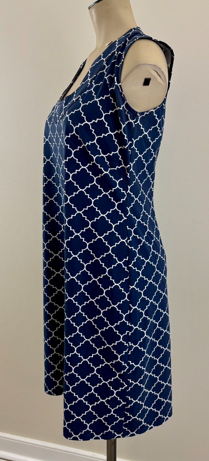 KATHERINE WAY Womens Sz Small Navy White Print U-Neck Sleeveless Stretch Dress