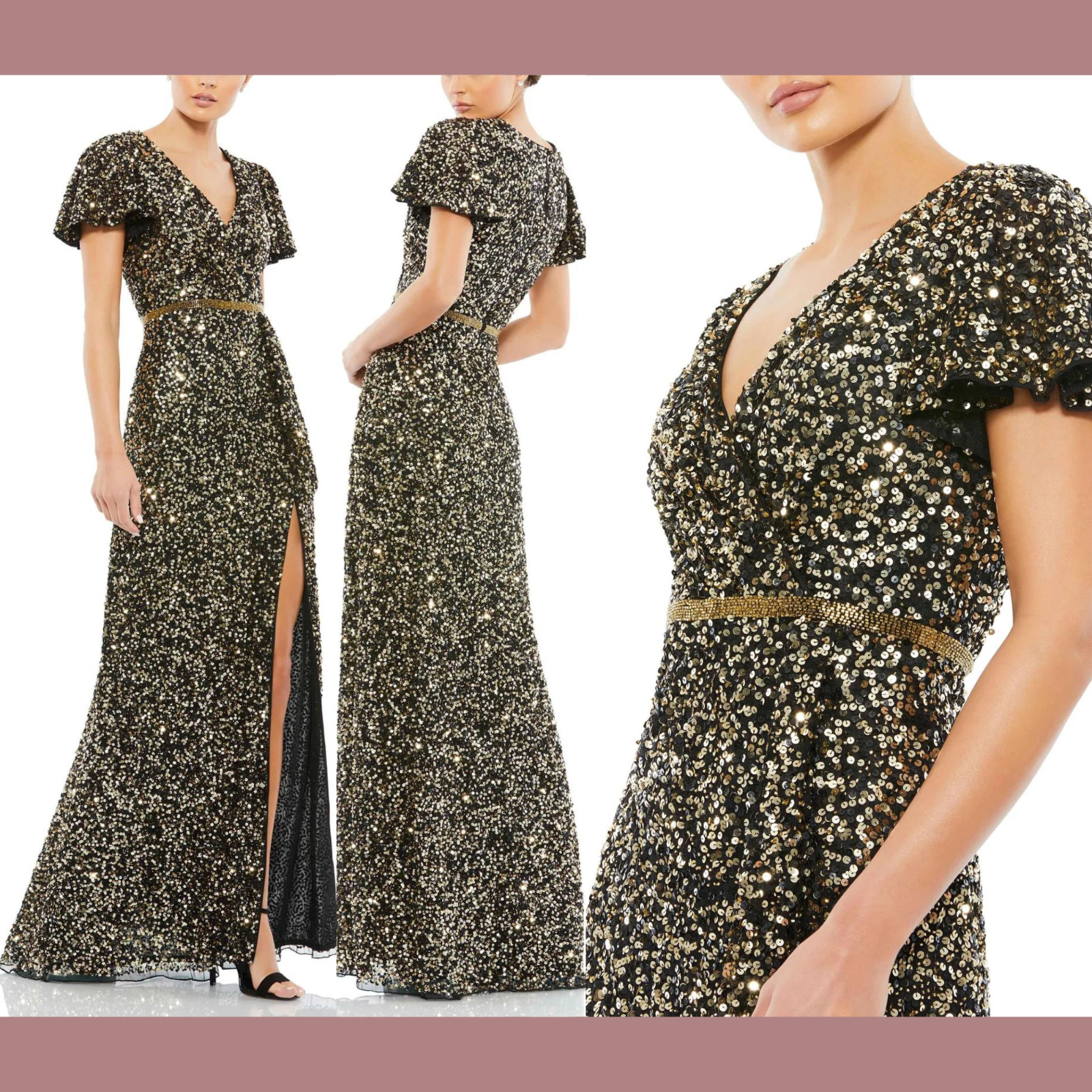 NWT Mac Duggal [ 6 ] 5540 Sequined Wrap Over Butterfly Sleeve Gown Black #S1082