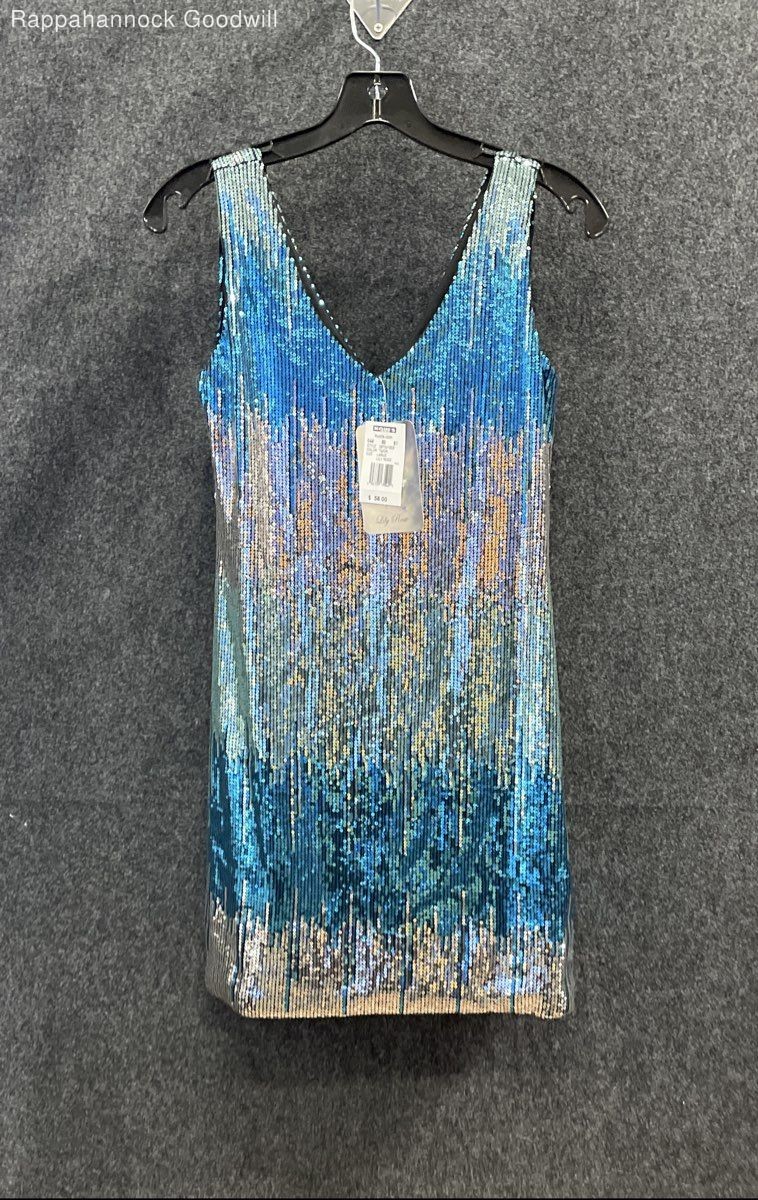 Lily Rose Women’s Blue Silver Sequined Ombre V-Neck Mini Dress Sz L NWT