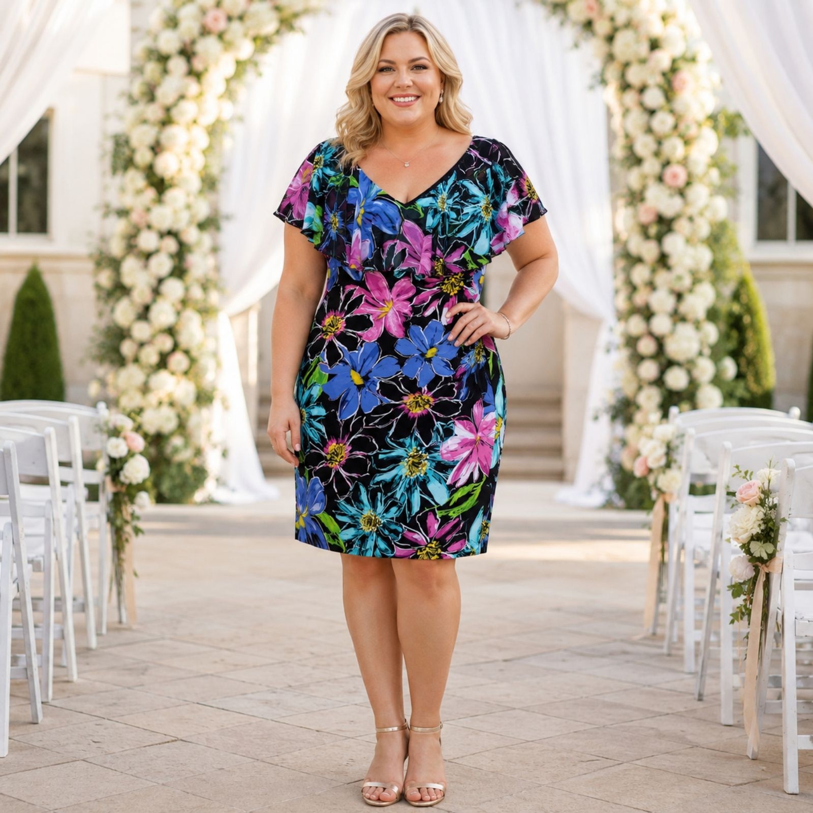 Connected Apparel Floral Flounce Neckline Dress 16 Black Pink Blue Wedding Guest