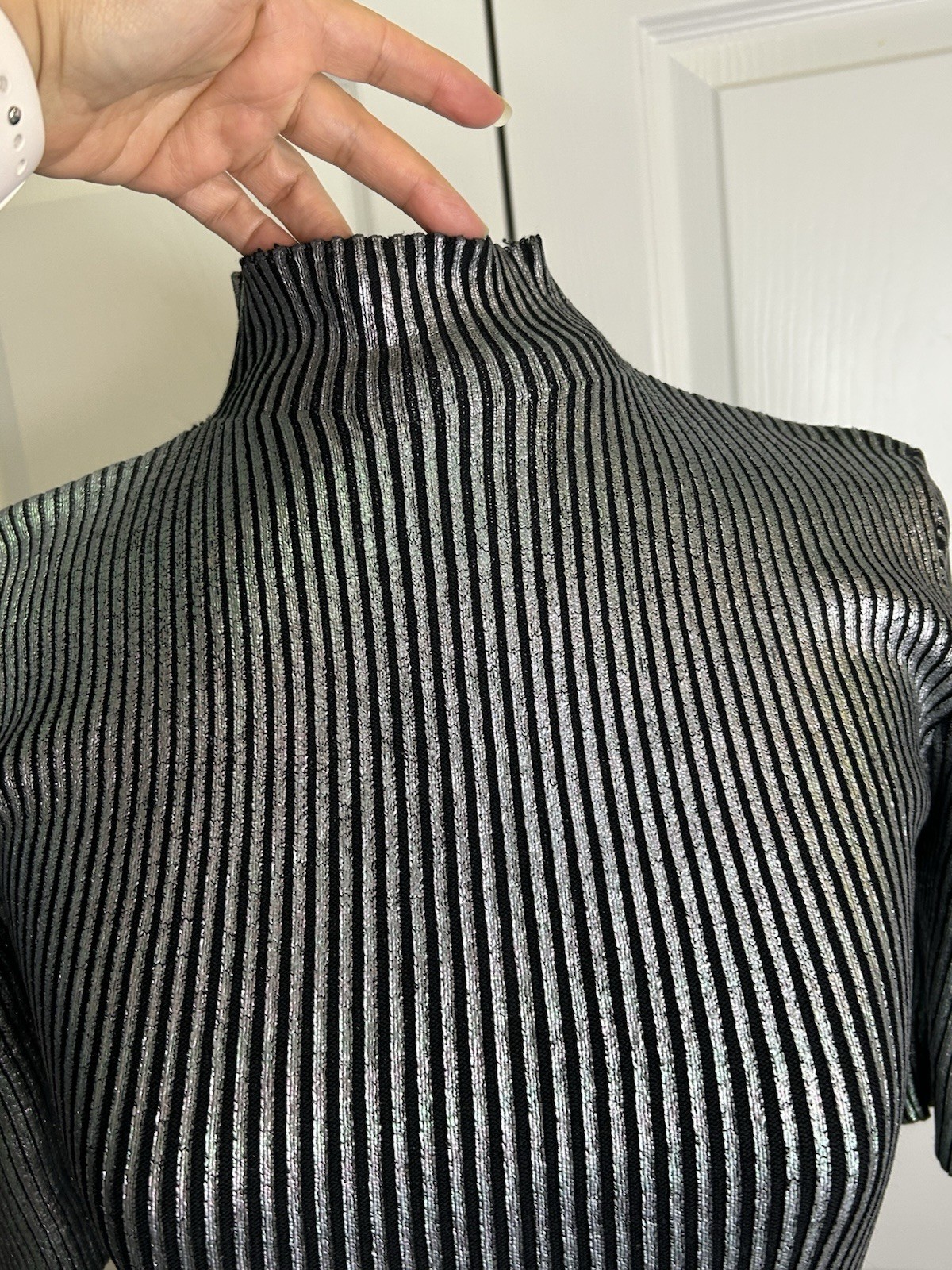 ASOS Silver Metallic Ribbed Knit Bodycon Midi Dress Mock Neck Short Sleeve XS/S