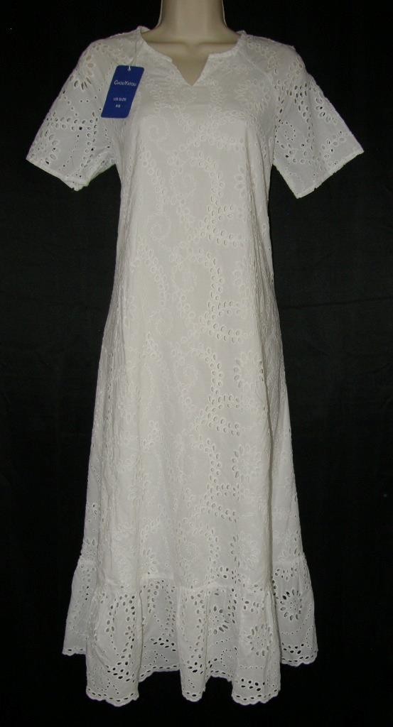 NEW NWT White Sz XS Casual Wear Lined Eyelet Boho Maxi Dress Pockets CHOUYATOU