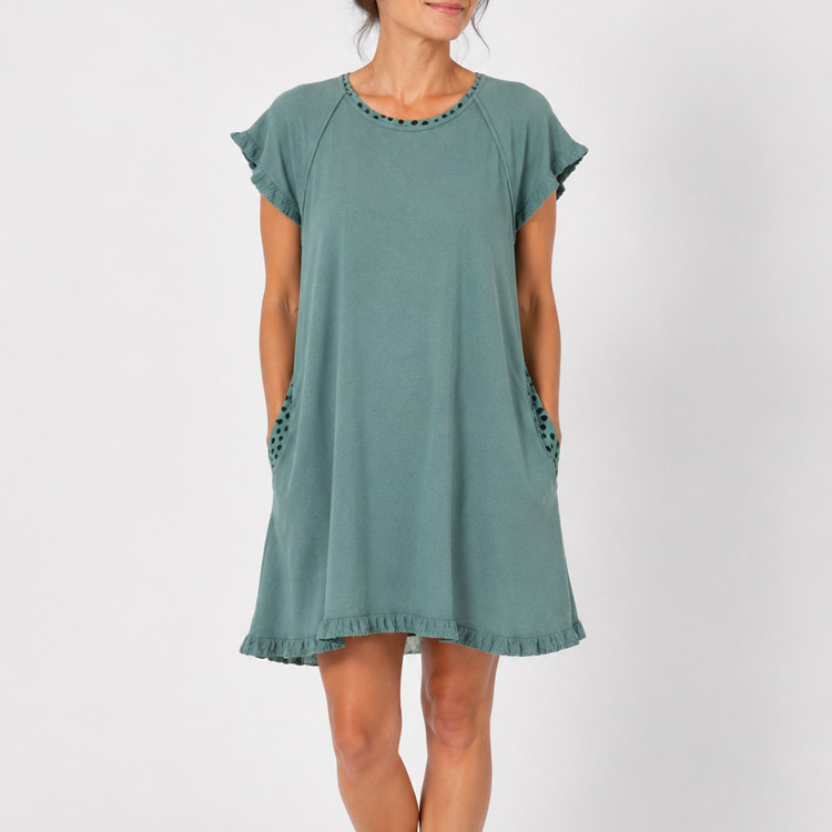 Umgee USA Dress Medium Sage Green Linen Blend Boho Shift Ruffle Hem Pocket