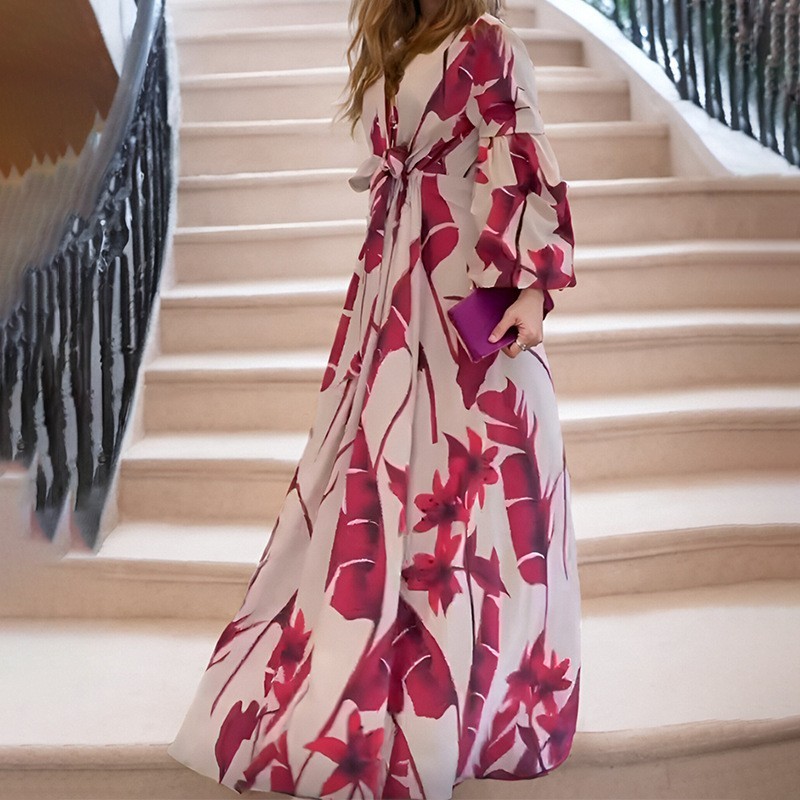Women’s Elegant Floral Print Maxi Dress High Waist Boho Commute Gown Plus S-3XL