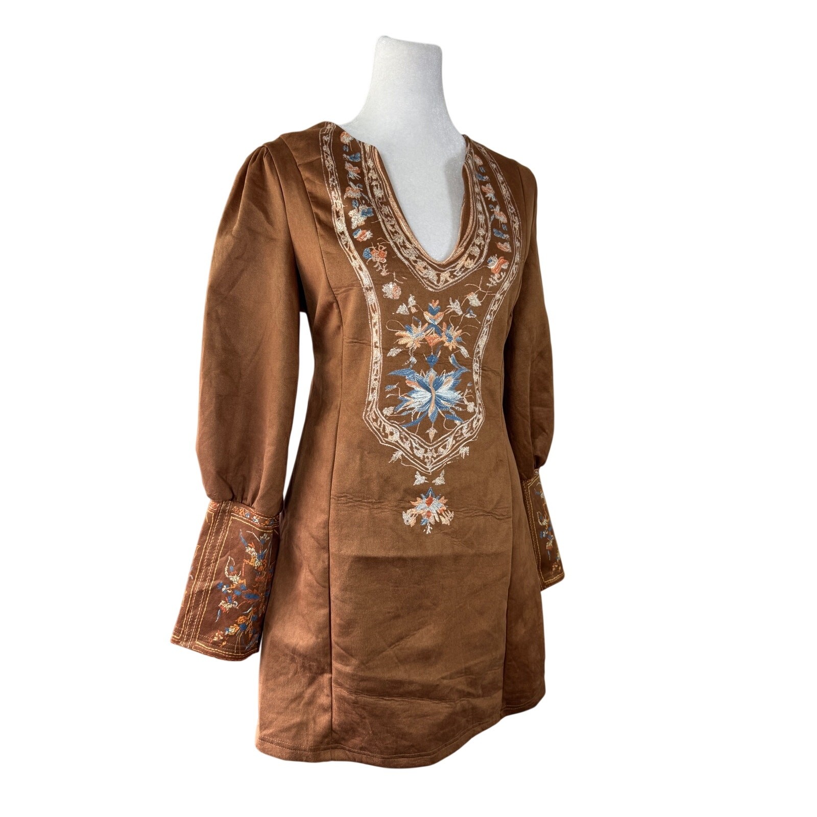 Brown Floral Print V-Neck Long Sleeve Bodycon Mini Dress