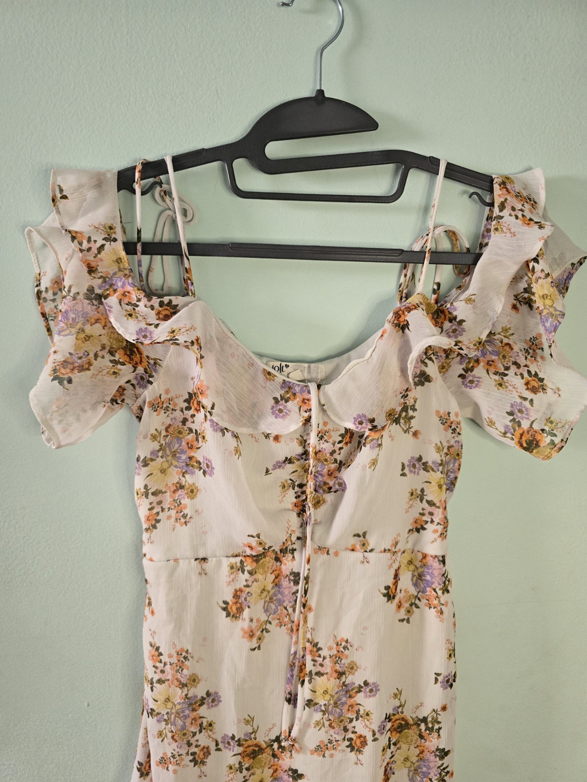 Jolt Cream Floral Ruffle Cold Shoulder Mini Dress,chic,boho,beachy,lined Size S