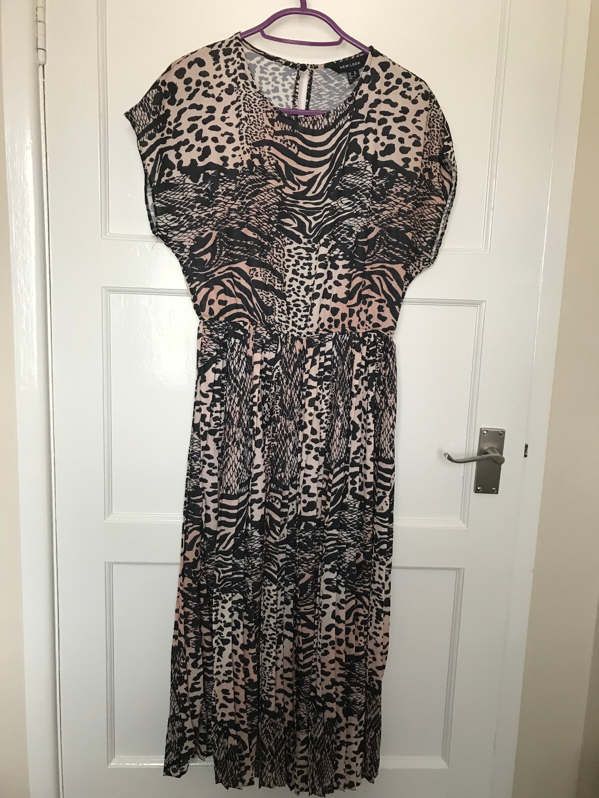 New Look Brown Black Animal Print Sleeveless Satin A Line Pleated Dress UK 10