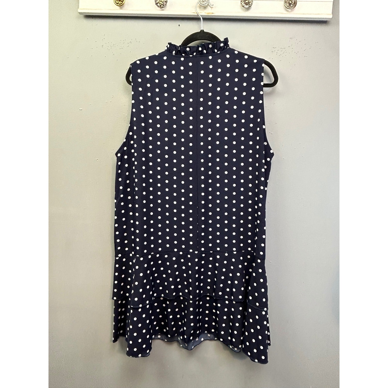 Plus Size Dress Women XXL Navy Polka Dot Ruffle Neck Tiered Sleeveless Shift