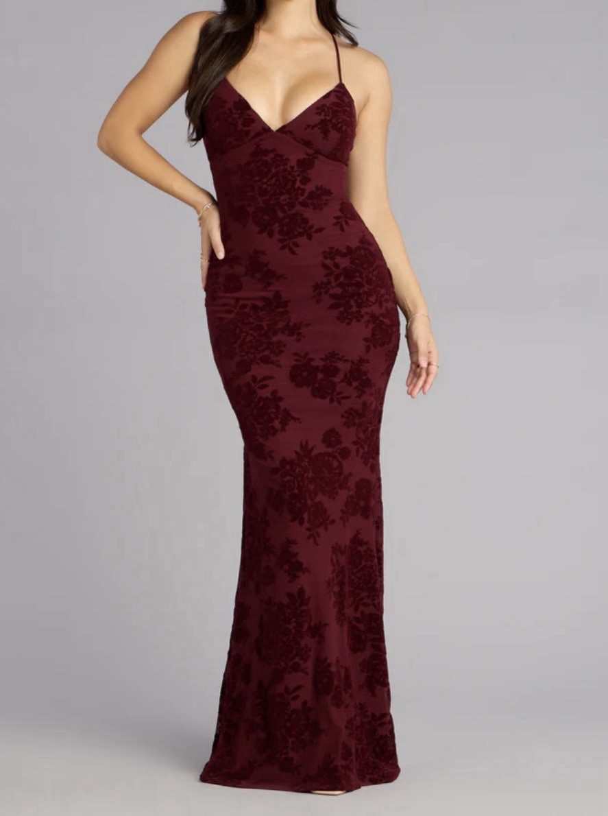 Windsor Burgundy Floral Lace-Up Open Back Maxi Formal Dress Size XS