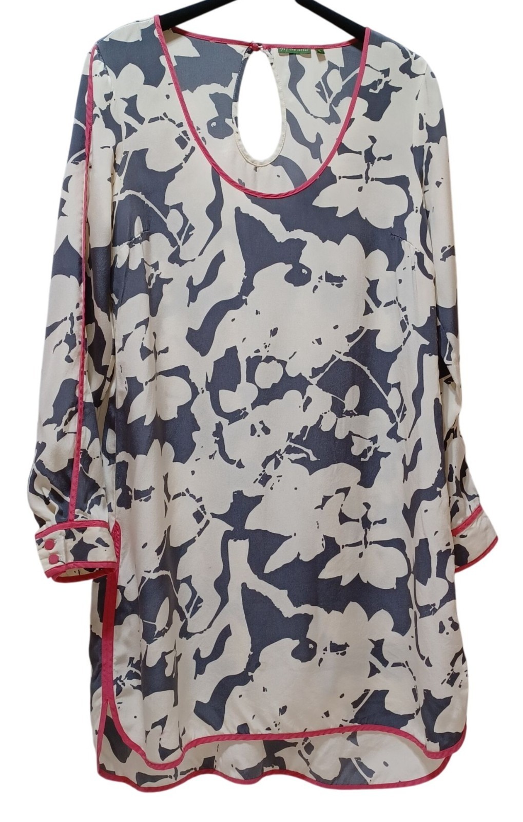 The Letter Silk Tunic Dress Womens S Abstract Cream Gray Pink Trim Boho Artsy