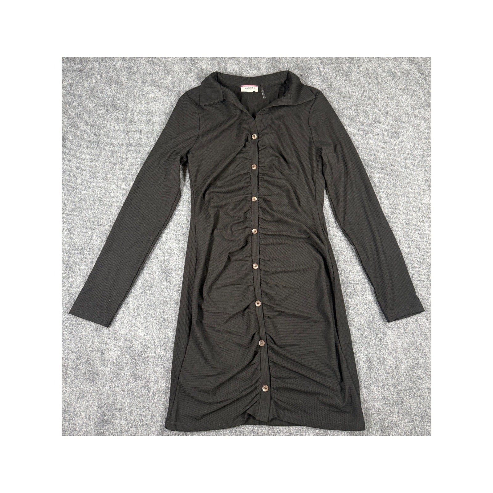 Andree by Unit Womens Small Black Ribbed Ruched Button Front Mini Dress New
