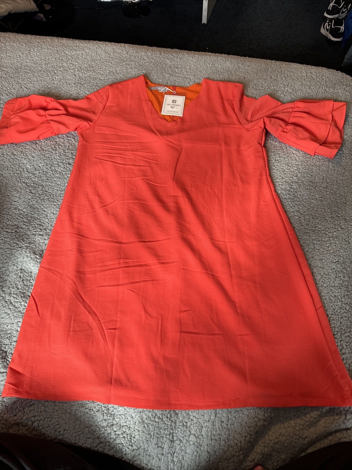 V-Neck Orange Bell Sleeve Shift Dress Mini Dress Sz XL By Belongsci