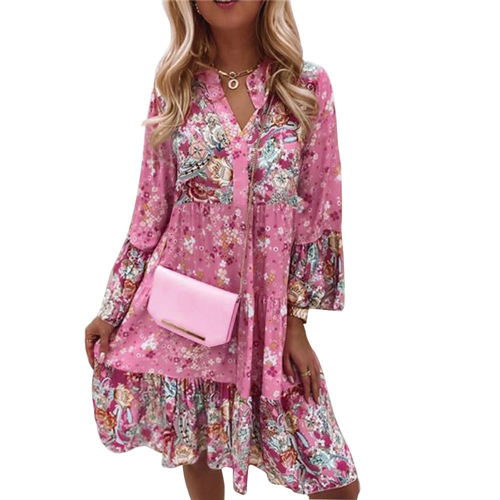 Womens Floral Boho V Neck Loose Dress Ladies Long Sleeve Summer Holiday Sundress