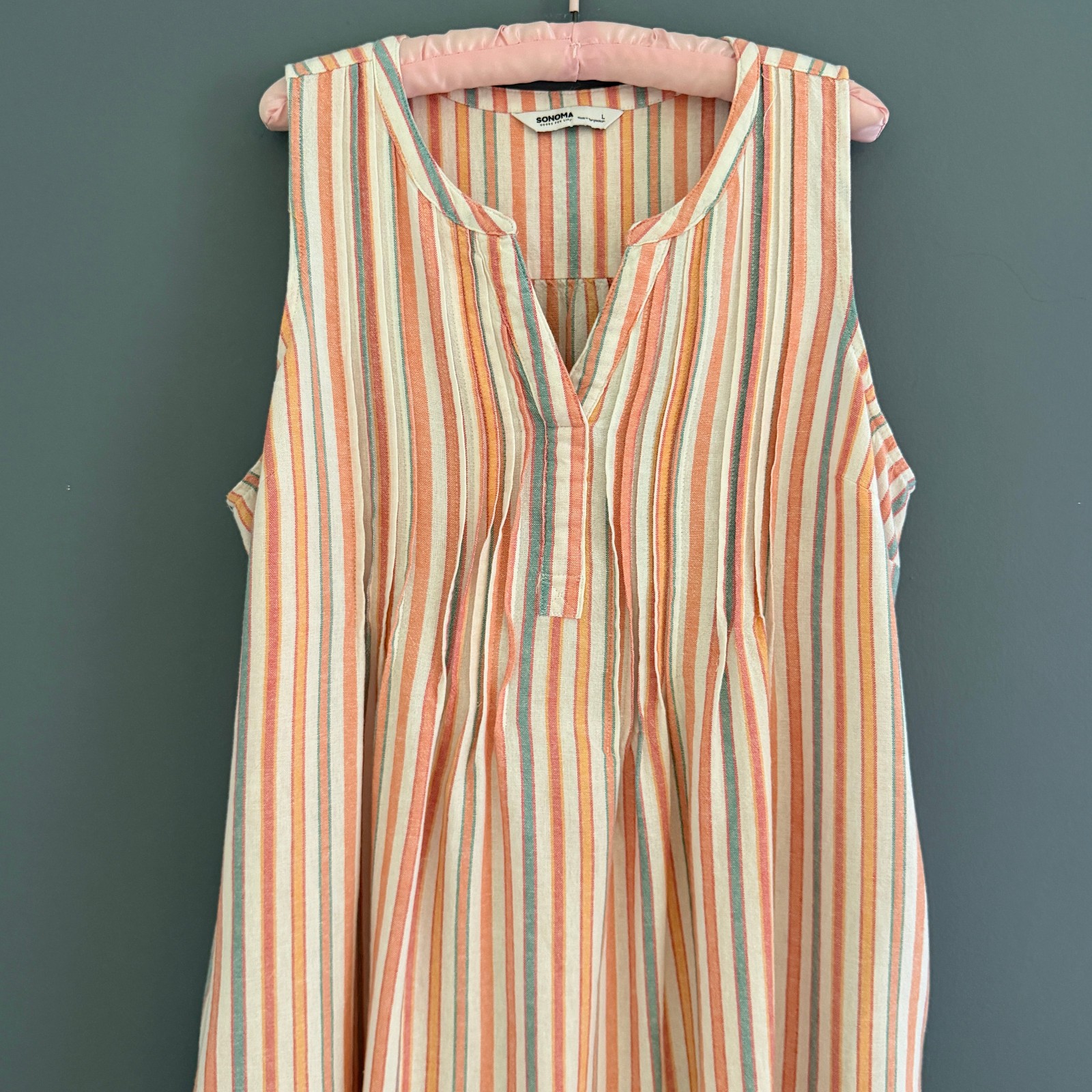 Sonoma Womens SZ LGE Striped Linen/Rayon Summer Dress w/Pockets & Pintucks