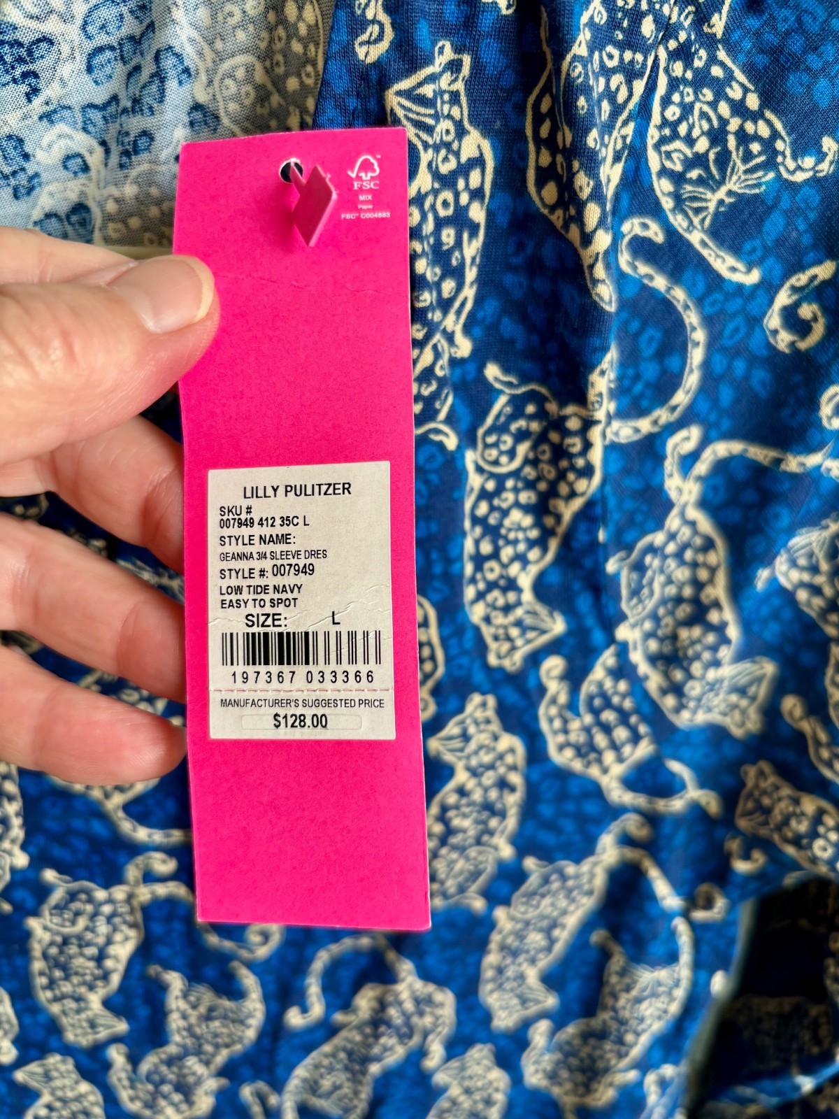 Lilly Pulitzer Geanna 3/4 Sleeve Dress Low Tide Navy Easy to Spot – Size L – NWT
