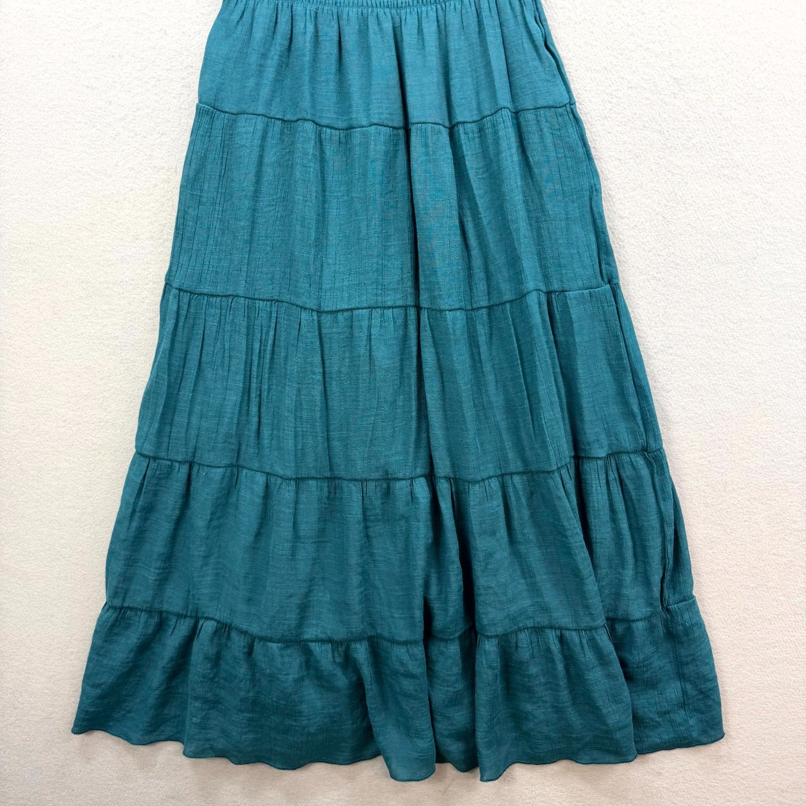 J Gee Tiered Maxi Dress Womens Small Teal Ruffle Shirred Bodice Lace Detail Neck