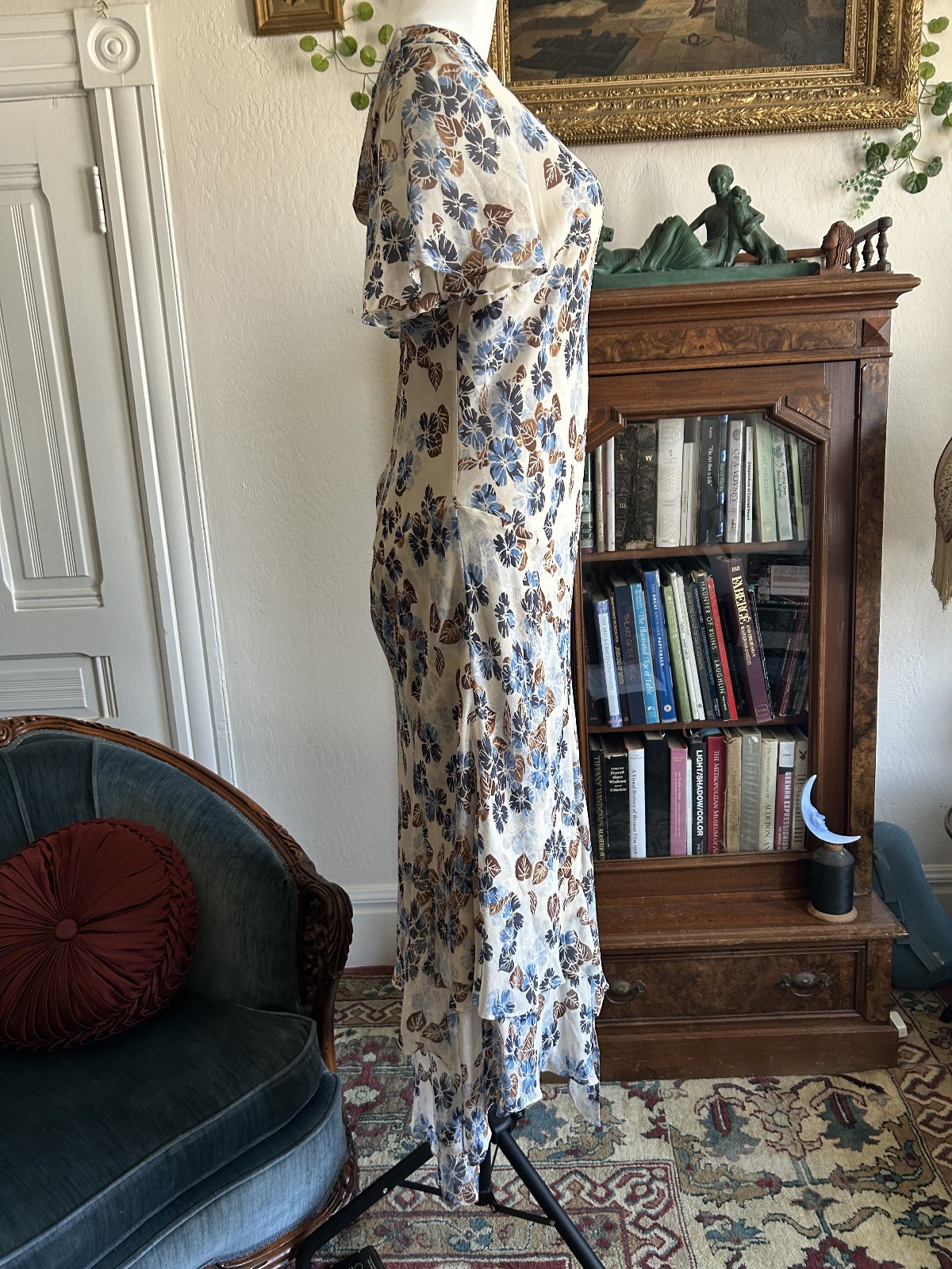 90s Y2K 100% Silk Cream Floral Fairy Hankercheif Asymmetrical Dress sz 16W Bias